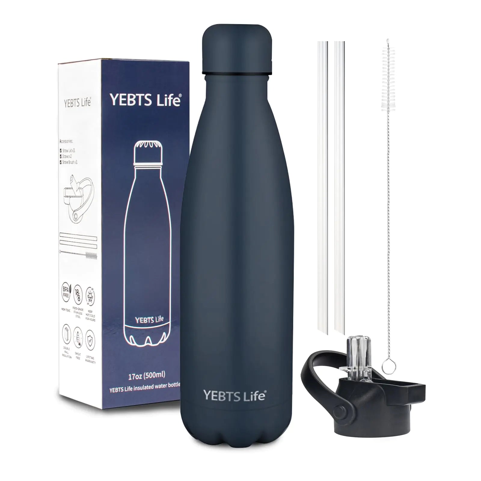 Insulated Water Bottle17oz Stainless Steel Water Bottles with straw lidMetal Sports Thermos Water Bottles for BoysGirlsDouble Wall Vacuum BPA-Free Flask for School Sports (Dark blue)